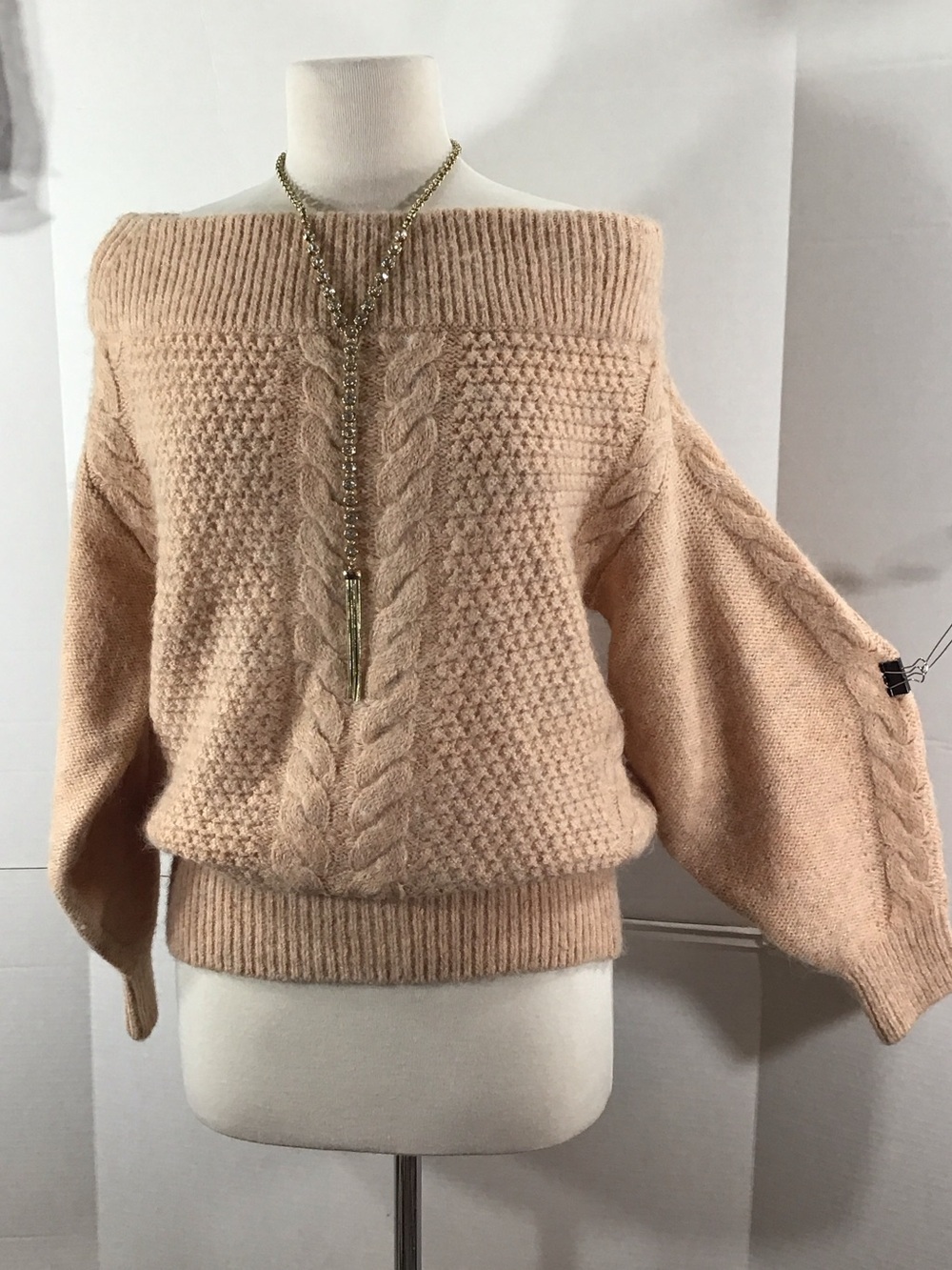 Anthropologie Sleeping on Snow Soft Cable Knit Off-Shoulder Sweater - Blush S